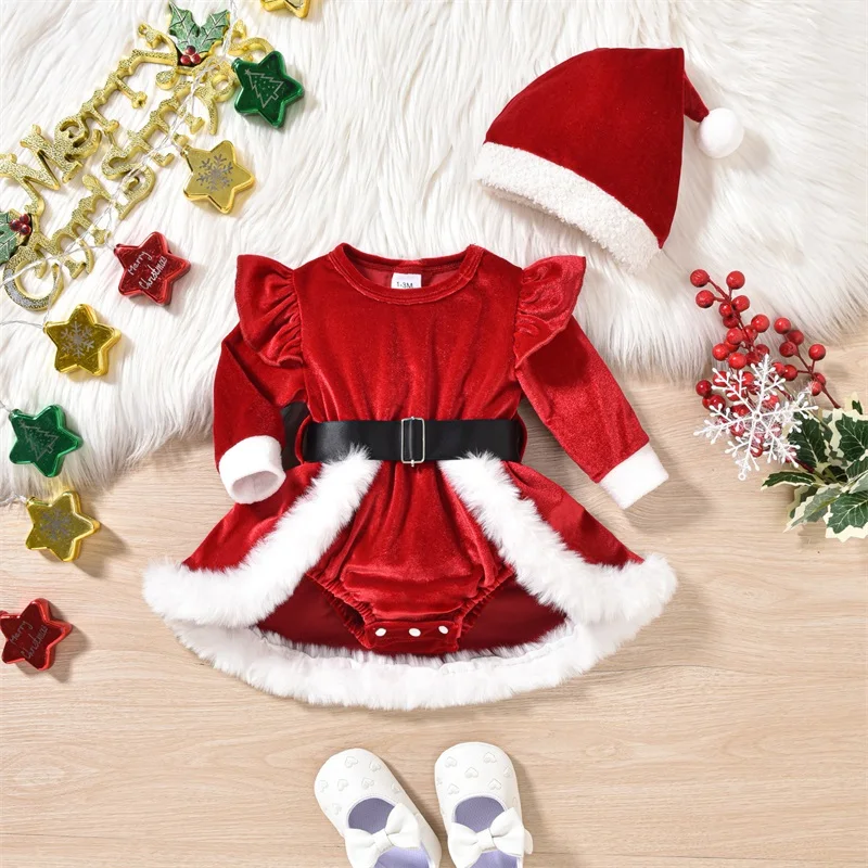 Baby Xmas Clothing - VISgogo 여아용 크리스마스 벨벳 롬퍼 원피스,