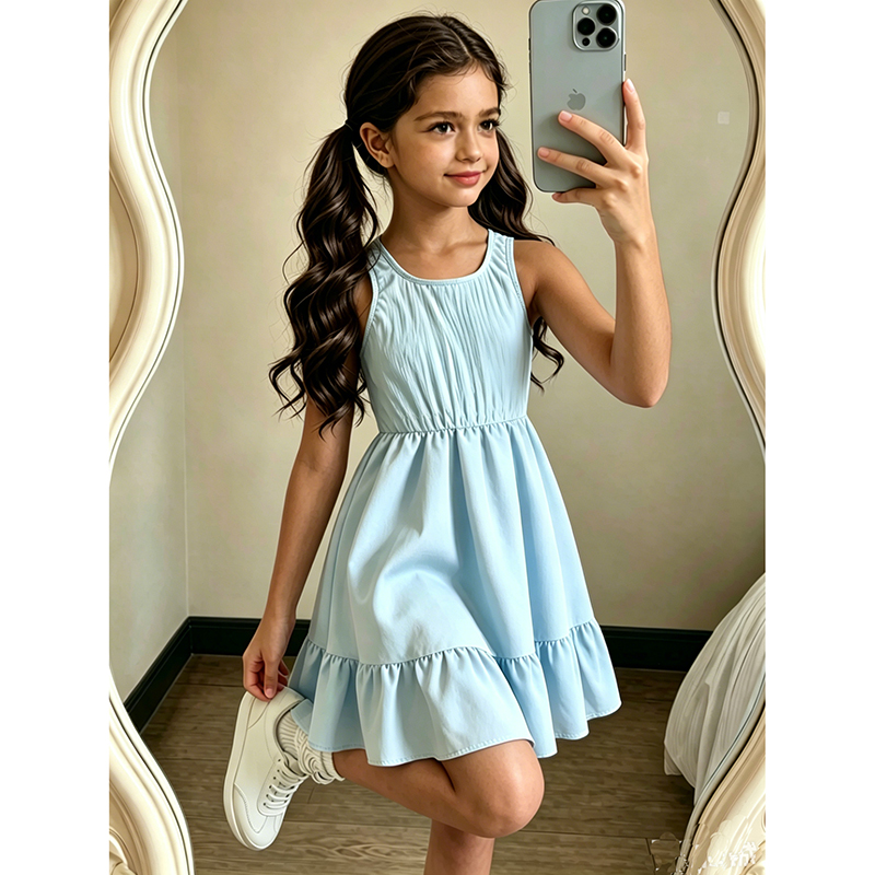 Baby Clothing Korea - 베이비 블루 컬러 민소매 라운드 칼라